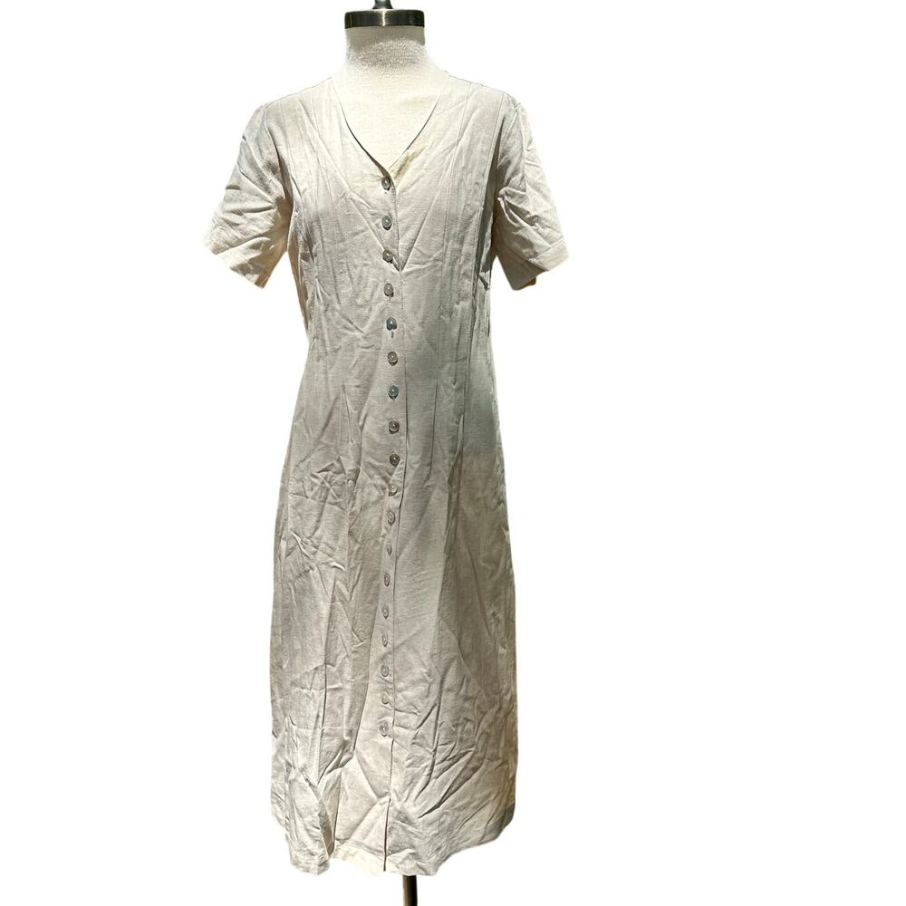 Orvis Beige Oyster Shell Button Linen Blend Dress Size Petite 6
